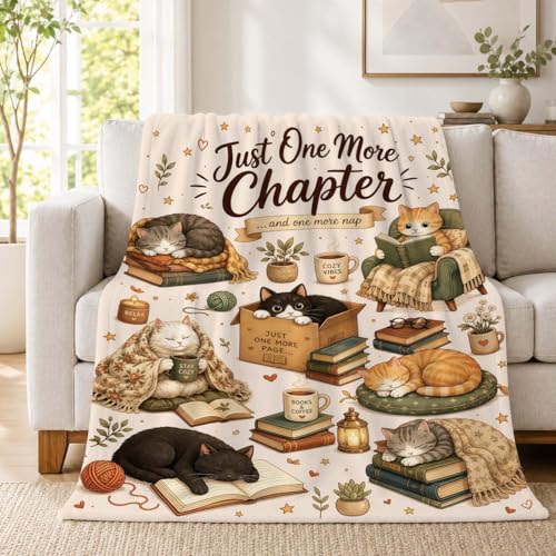 Book Lover Cat Flannel Blanket Reading Gift for Women Beige 80 x 60 inches