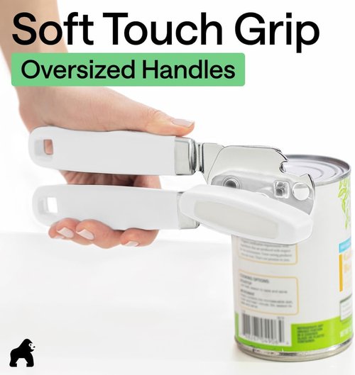 GORILLA GRIP Heavy Duty Can Opener - Smooth Edge, Comfortable Handle, Oversized Knob | White