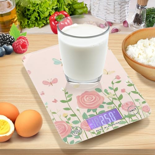 QwThum Food Scale Kitchen Digital Scale Food Ounces and Grams Dieting Baking Cooking Waterproof Glass Panels LCD Display,4 Units Scale Tare Function Pink Roses and Dragonfly Butterfly