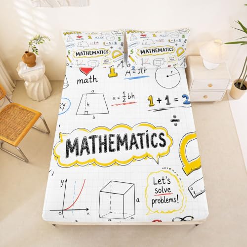 Math Formula Kids Fitted Sheet Queen Size - Beige Yellow Variation
