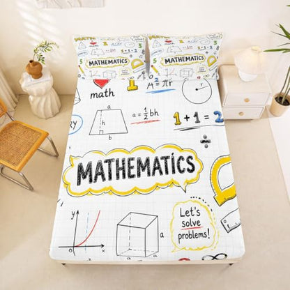 Math Formula Kids Fitted Sheet Queen Size - Beige Yellow Variation