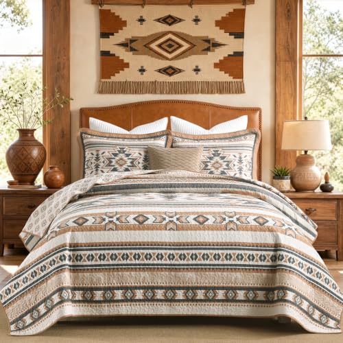 King Cotton Quilt Set Southwestern Aztec Reversible Rustic Bedding