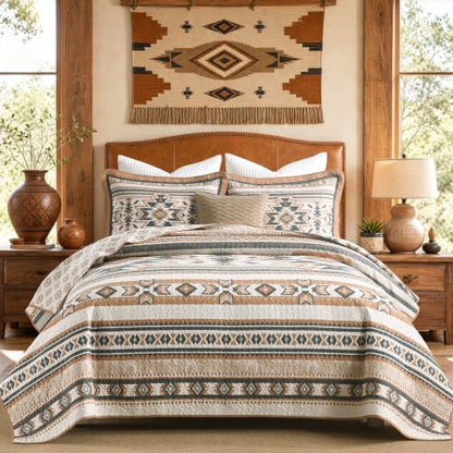 King Cotton Quilt Set Southwestern Aztec Reversible Rustic Bedding