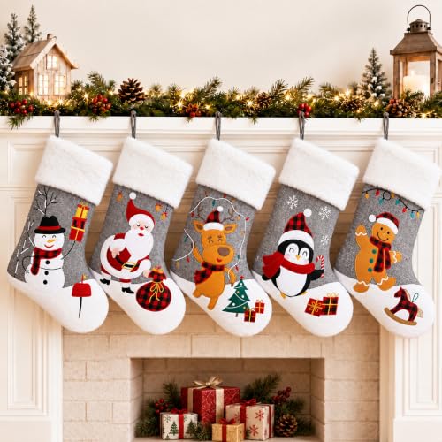 Gray Christmas Stockings Set of 5 - 20 Inch Burlap with Faux Fur Cuff