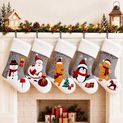Gray Christmas Stockings Set of 5 - 20 Inch Burlap with Faux Fur Cuff