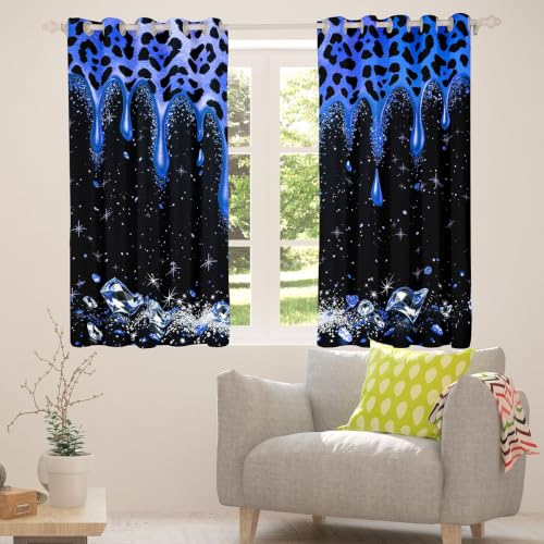 Black Royal Blue Leopard Print Blackout Curtains 2 Panel Set - 76W x 45L Inches