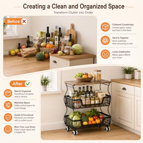 Black 16.93x11.02x20.87 Inch 3-Tier Fruit & Vegetable Storage Cart