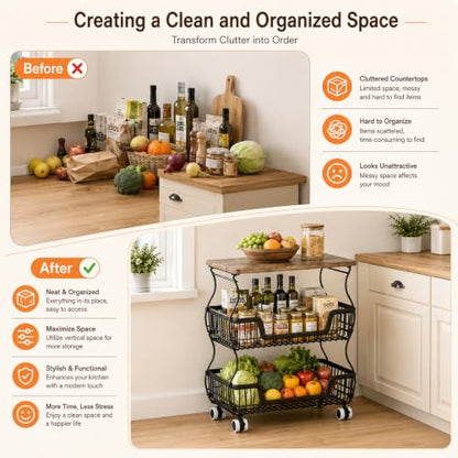 Black 16.93x11.02x20.87 Inch 3-Tier Fruit & Vegetable Storage Cart