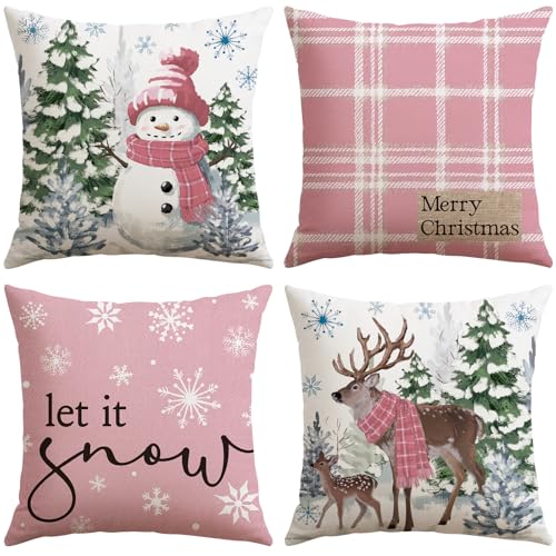 Artscope Christmas Throw Pillow Covers 16x16 Inch Set of 4 Pink Holiday Home Decor