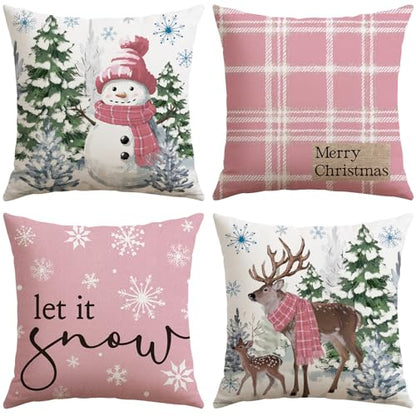 Artscope Christmas Throw Pillow Covers 16x16 Inch Set of 4 Pink Holiday Home Decor