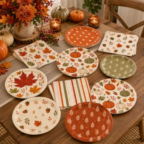 Fall Party Plates and Napkins Set - Pumpkin Leaf Designs for Autumn Harvest Thanksgiving