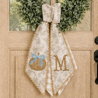 Personalized Fall Wreath Sash with Monogram and Embroidered Blue Pumpkin - Fall 09