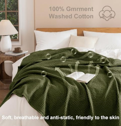 King Size Cotton Waffle Blanket - Olive Green, Breathable & Soft Bed Cover