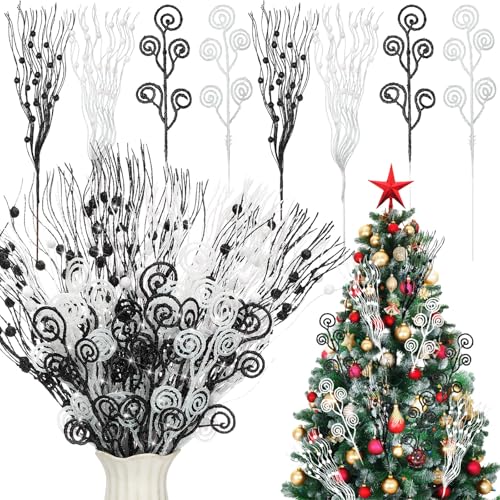 Christmas Tree Picks Sprays Set - Black & White Glitter 17" & 12"