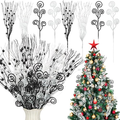 Christmas Tree Picks Sprays Set - Black & White Glitter 17" & 12"