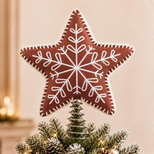 Gingerbread Star Christmas Tree Topper - Felt Embroidered Snowflake Design, Brown Felt, Spring Base