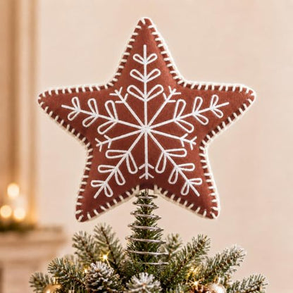 Gingerbread Star Christmas Tree Topper - Felt Embroidered Snowflake Design, Brown Felt, Spring Base