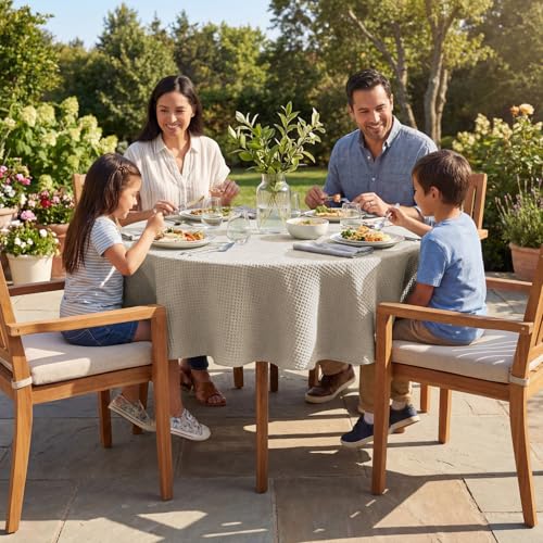 Round Waffle Textured Waterproof Tablecloth 70x70 Inch Natural - Stain & Wrinkle Resistant