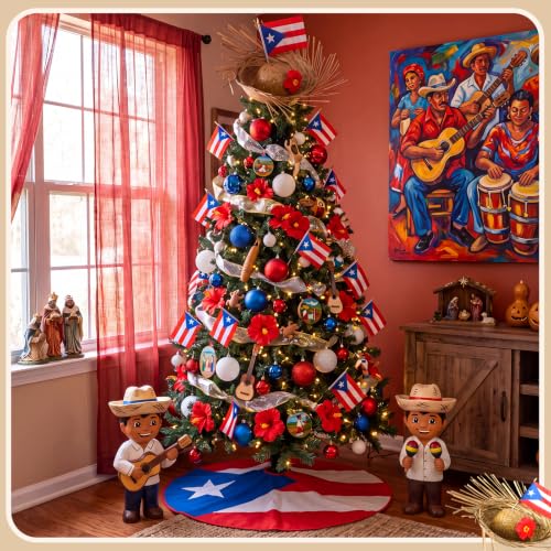 Puerto Rico Christmas Tree Decor Kit with Flag Skirt & Straw Topper - 47.2 Inch - Variation of 38 / 47.2 Inches