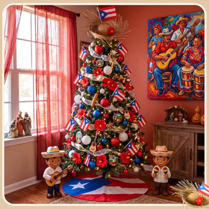 Puerto Rico Christmas Tree Decor Kit with Flag Skirt & Straw Topper - 47.2 Inch - Variation of 38 / 47.2 Inches