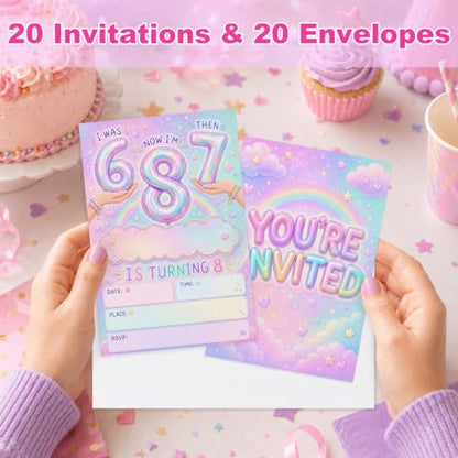 8th Birthday Invitations Rainbow Balloon Party Invites Pink - Pastel Rainbow Variation