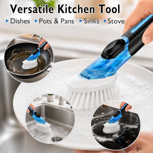 Soap Dispensing Dish Brush with Holder & Refill Heads - Kitchen Cleaning Tool