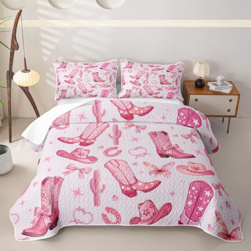 Pink Cowgirl Quilt Set with Western Cactus and Bowknot Design - Full Size Bedding for Boys Girls - Baby Pink Variation