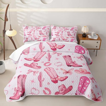 Pink Cowgirl Quilt Set with Western Cactus and Bowknot Design - Full Size Bedding for Boys Girls - Baby Pink Variation