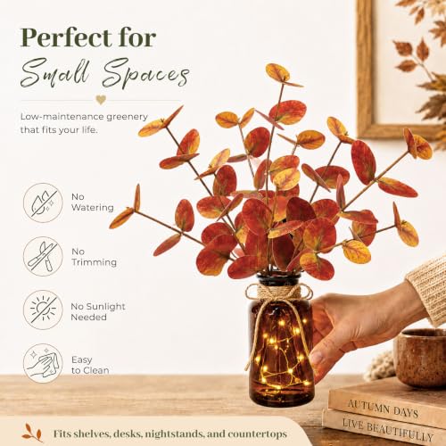 Artificial Eucalyptus in Glass Vase with LED Lights - Orange Fall Decor