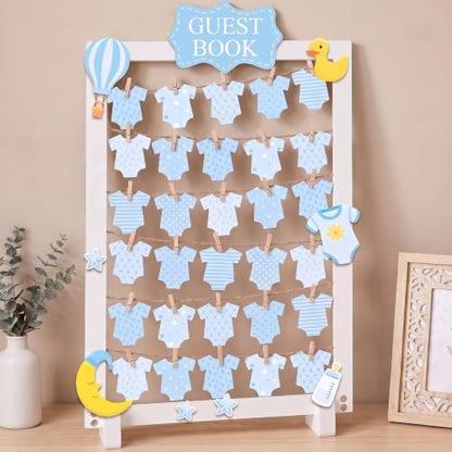Baby Shower Guest Book Alternative Blue Gender Reveal Wooden Frame Keepsake - Blue
