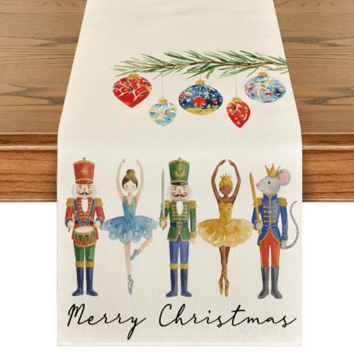 Christmas Nutcracker Table Runner - 13x72 Inch Holiday Decor - Beige