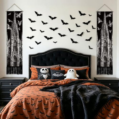Halloween Bat Castle Gothic Cathedral Wall Tapestry Set - Black & White Decor
