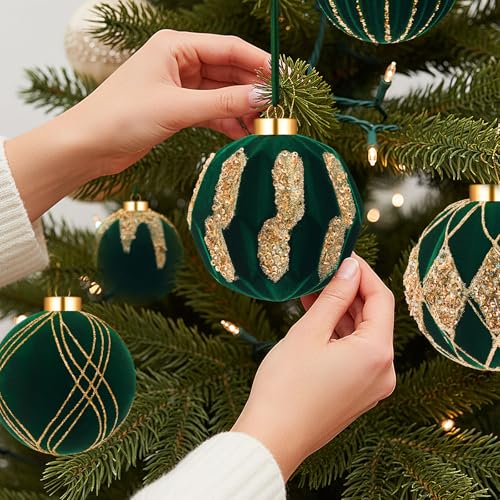 Dark Green Velvet Christmas Ball Ornaments 4 Inch Set of 6 - Holiday Decor