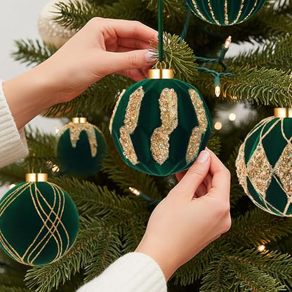 Dark Green Velvet Christmas Ball Ornaments 4 Inch Set of 6 - Holiday Decor