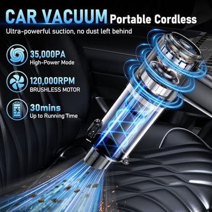 Cordless Car Vacuum Cleaner 35,000Pa Power Handheld with Air Duster - Gray