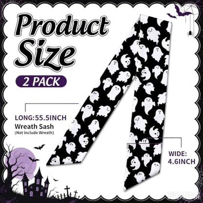 Halloween Ghost Wreath Sash Set for Front Door Decor - Black & White, 2 Pack