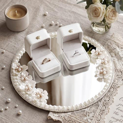 Wedding Mirror Tray with 2 Ring Boxes - Pearl Roses & Reflective Centerpiece