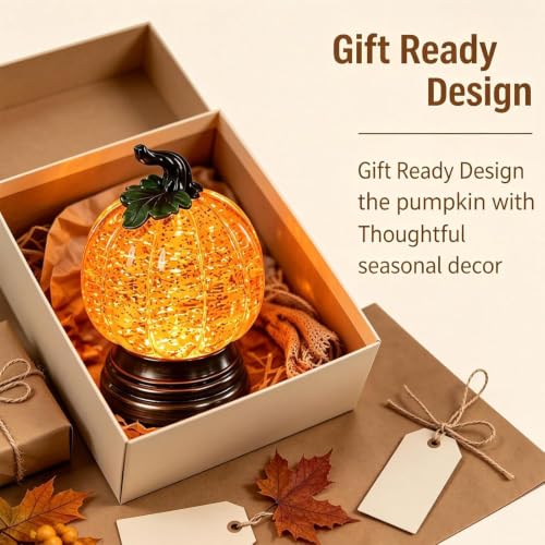 Glitter Lighted Pumpkin Snow Globe - Halloween Decor with Warm Orange LED - Without Battery