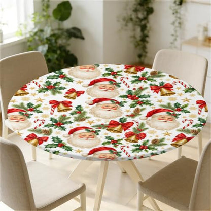 Santa Bells Round Fitted Christmas Tablecloth 65 Inch Waterproof Elastic Edge