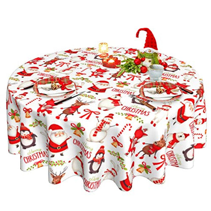 Christmas Round Tablecloth 70 Inch - Santa Snowman Winter Holiday Decor - Wipeable Polyester