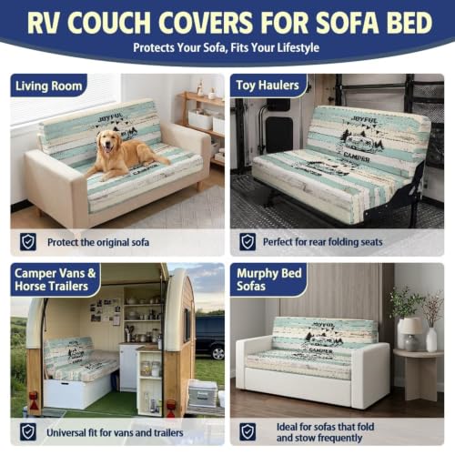 RV Jackknife Sofa Bed Cover 2-Piece Stretch Slipcover Joyful Camper Print