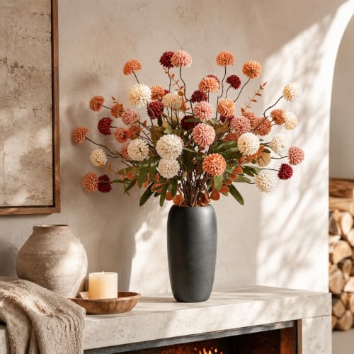 Artificial Fall Flowers with Vase - Burnt Orange Silk Mum Arrangement, 18 Pcs