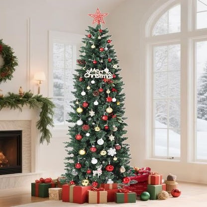 GAOMON 7.5FT Artificial Christmas Tree - Pre-Lit Green Slim Xmas Tree with LED Light & Stand
