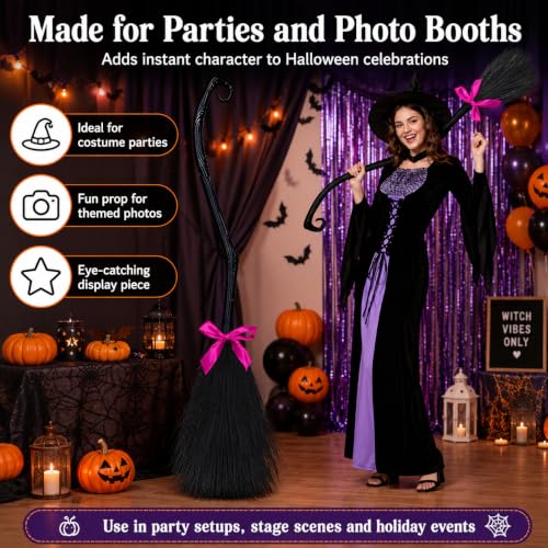 Halloween Witch Broomstick with 3 Ribbons - 50 Inch Costume Prop & Decor Set