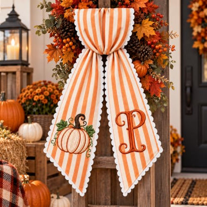 Personalized Fall Wreath Sash with Pumpkin & Monogram New2 - Autumn Front Door Decor