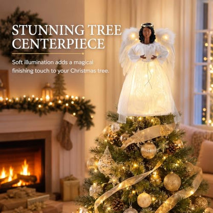 Black Angel Christmas Tree Topper with White Wings - Elegant 12.2 Inch Decor - White / Elegant