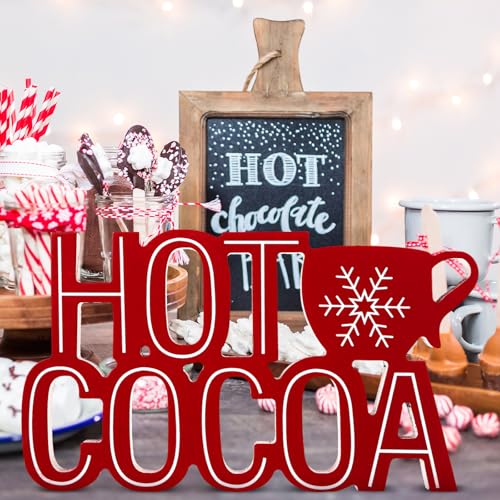 Christmas Wooden Sign - Hot Cocoa Tabletop Decor with Snowflake - Red & Cocoa Variation