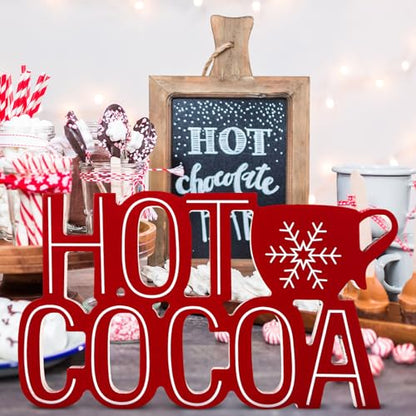 Christmas Wooden Sign - Hot Cocoa Tabletop Decor with Snowflake - Red & Cocoa Variation