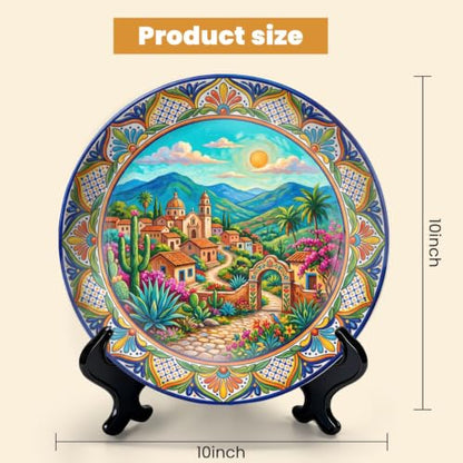 10-Inch Colorful Ceramic Decorative Plate with Stand & Wall Hook - Mexican Village Landscape