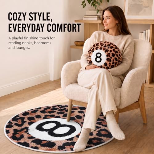 Cheetah Print 8 Ball Rug and Throw Pillow Set - Circular Home Decor for Teen Dorm
